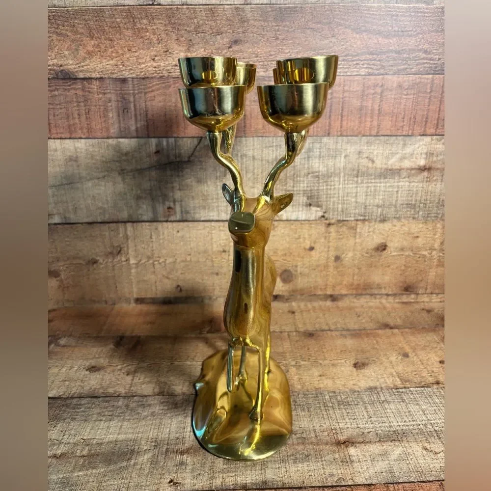 Vintage Large Tall 14.5” Brass Deer Reindeer Votive 8 Candle Holders MCM Holiday